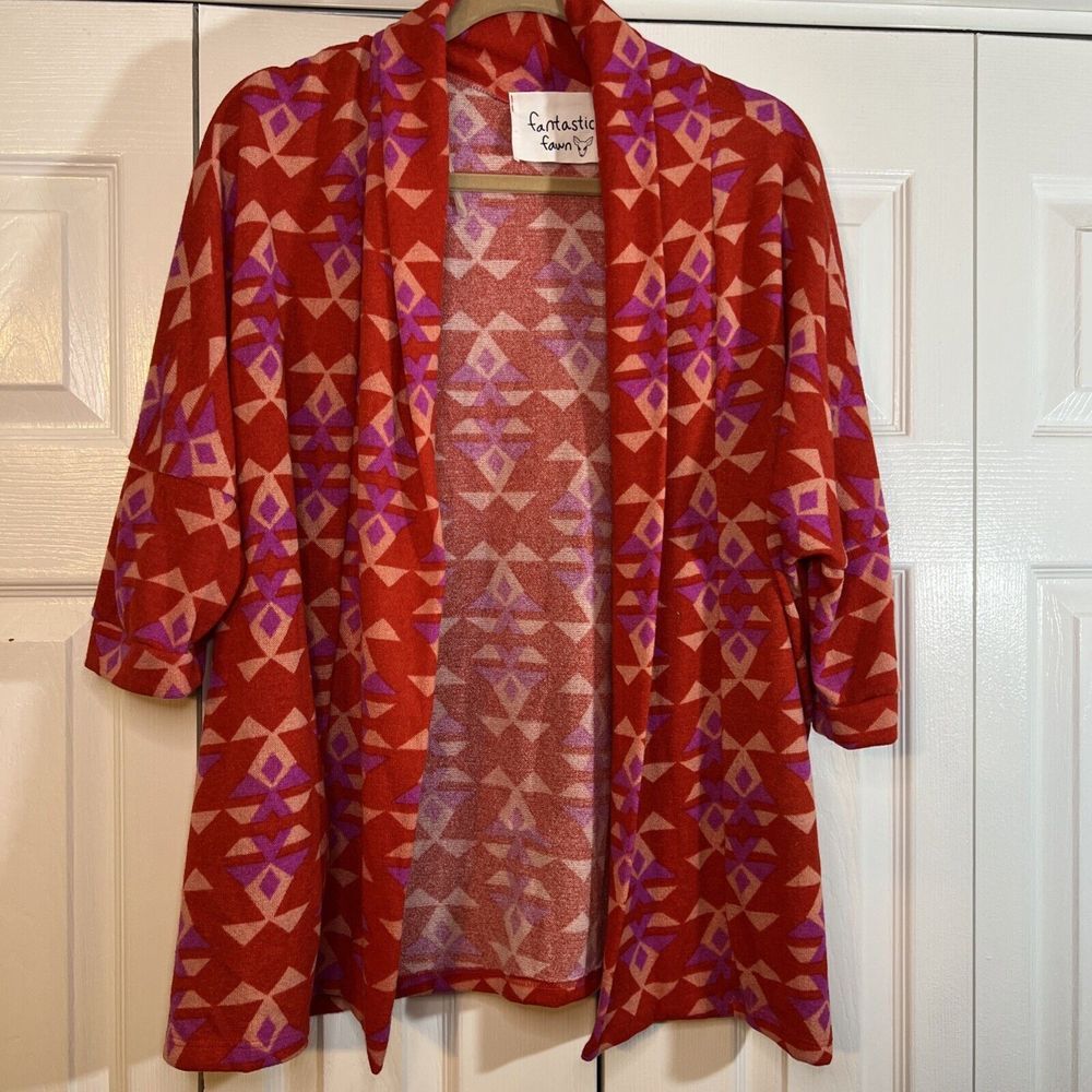 Fantastic Fawn Size Small Oversized Cardigan Sweater Red, Pink, Purple Aztec Geo